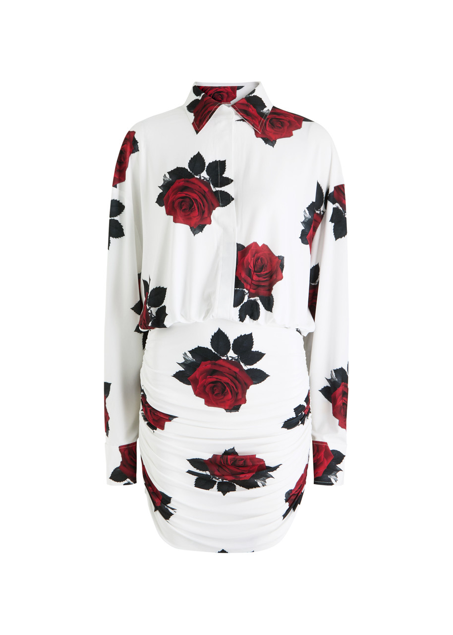 Norma Kamali Oversized Boyfriend Shirt Shirred Bottom Mini Dress