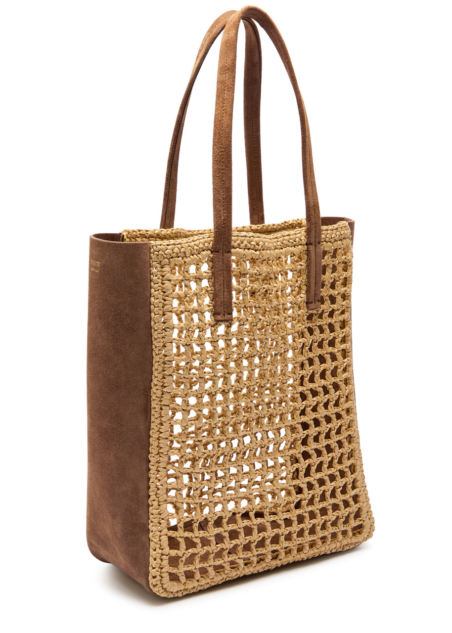 Khaite Zoe Small Suede And Crocheted Raffia Tote
