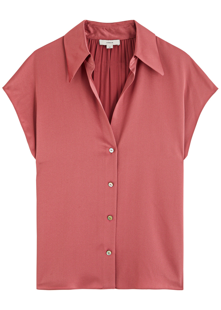 Vince Cap Sleeve Gathered Back Short Sleeve Silk Button-up Shirt
