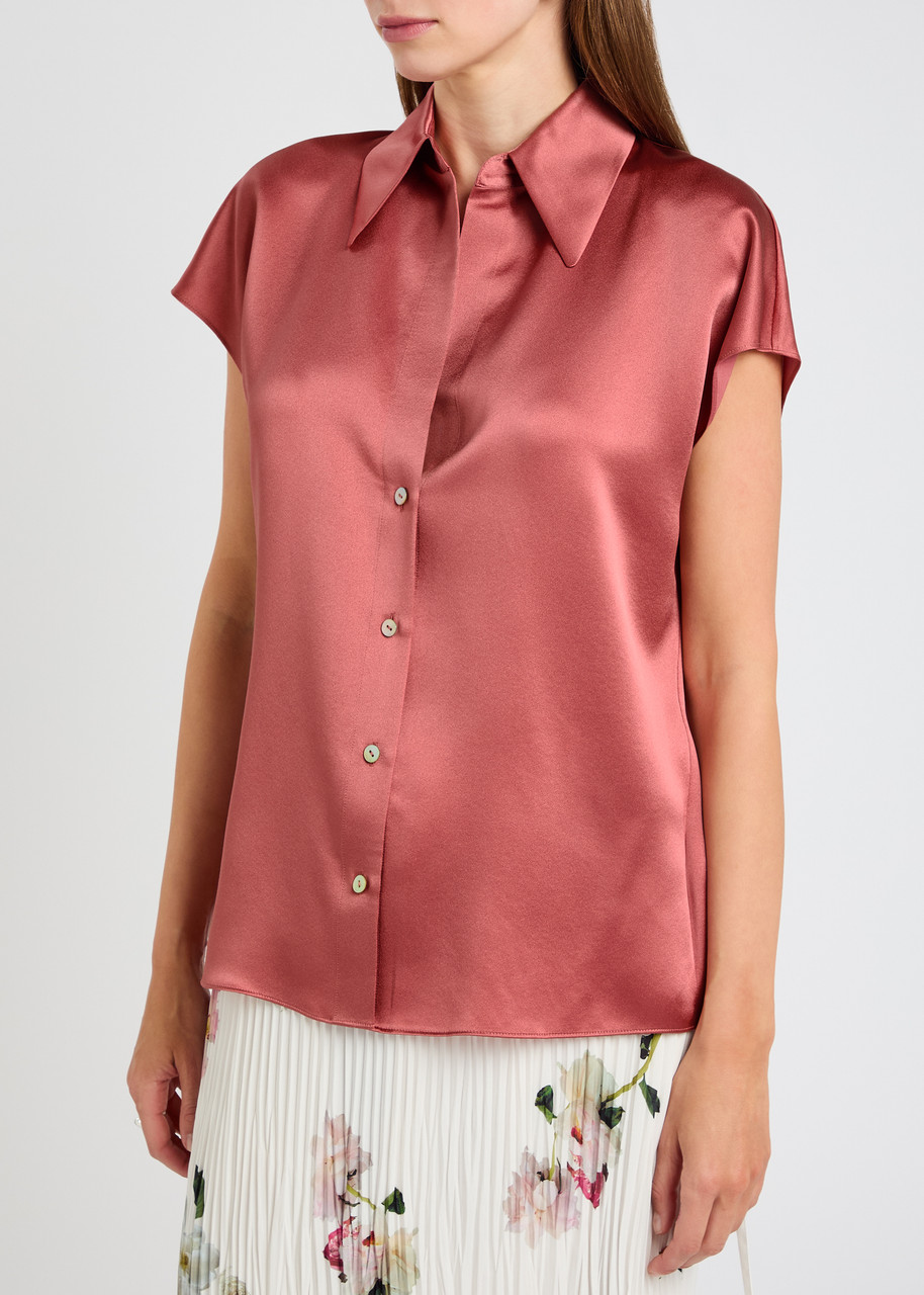 Vince Cap Sleeve Gathered Back Short Sleeve Silk Button-up Shirt