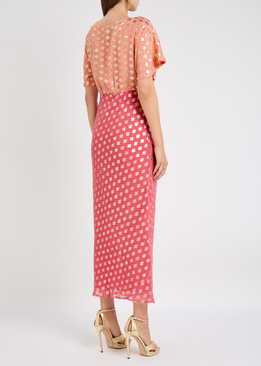 Never Fully Dressed Tilly Embroidered Chiffon Midi Dress - Pink - 8 (uk8 / S) 