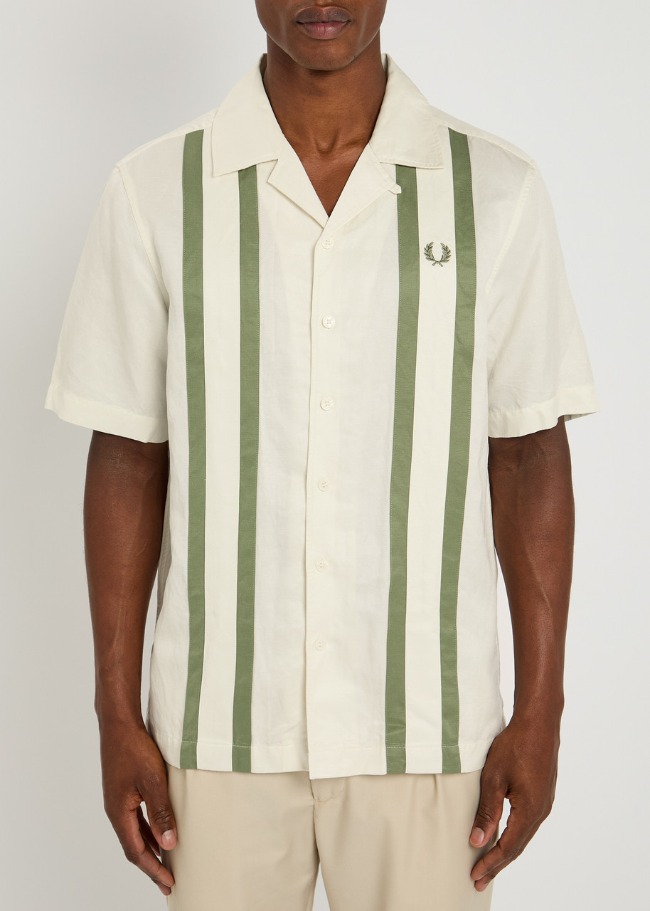 Fred Perry Panelled Linen Blend Short Sleeve Shirt Light Ecru
