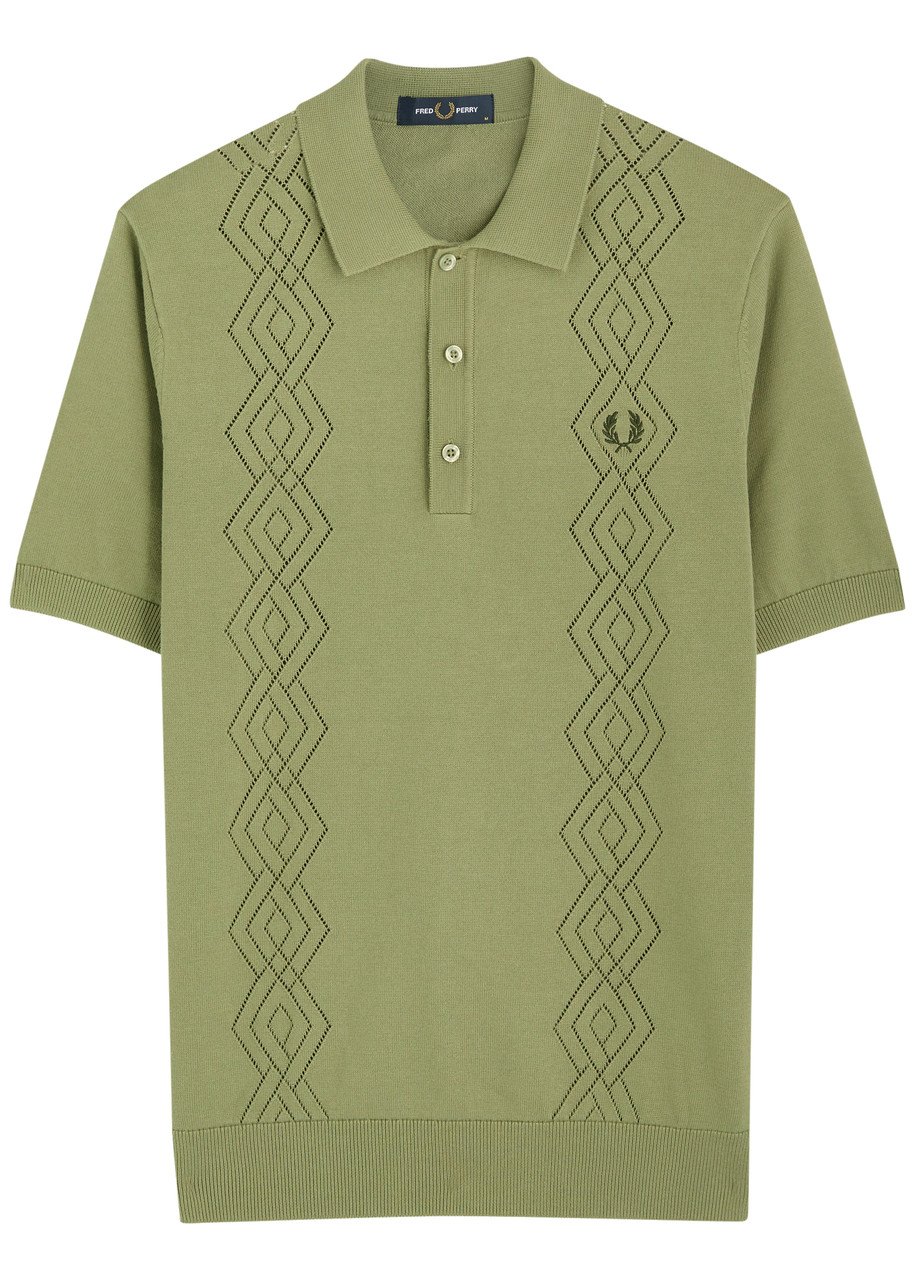 Fred Perry Logo-embroidered Patterned Cotton-knit Polo Shirt In Green