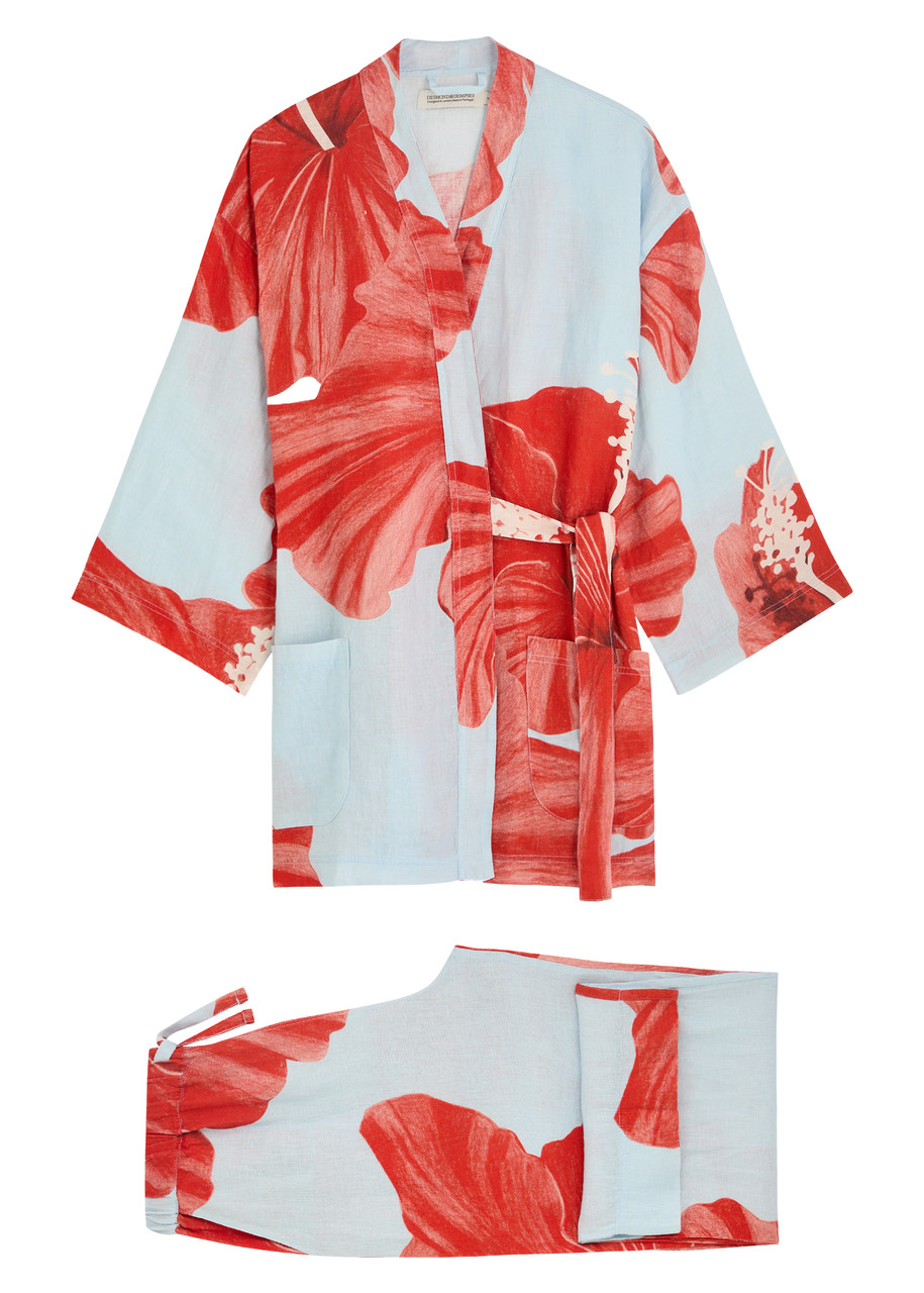 Desmond & Dempsey Grand Hibiscus Printed Linen Pyjama Set