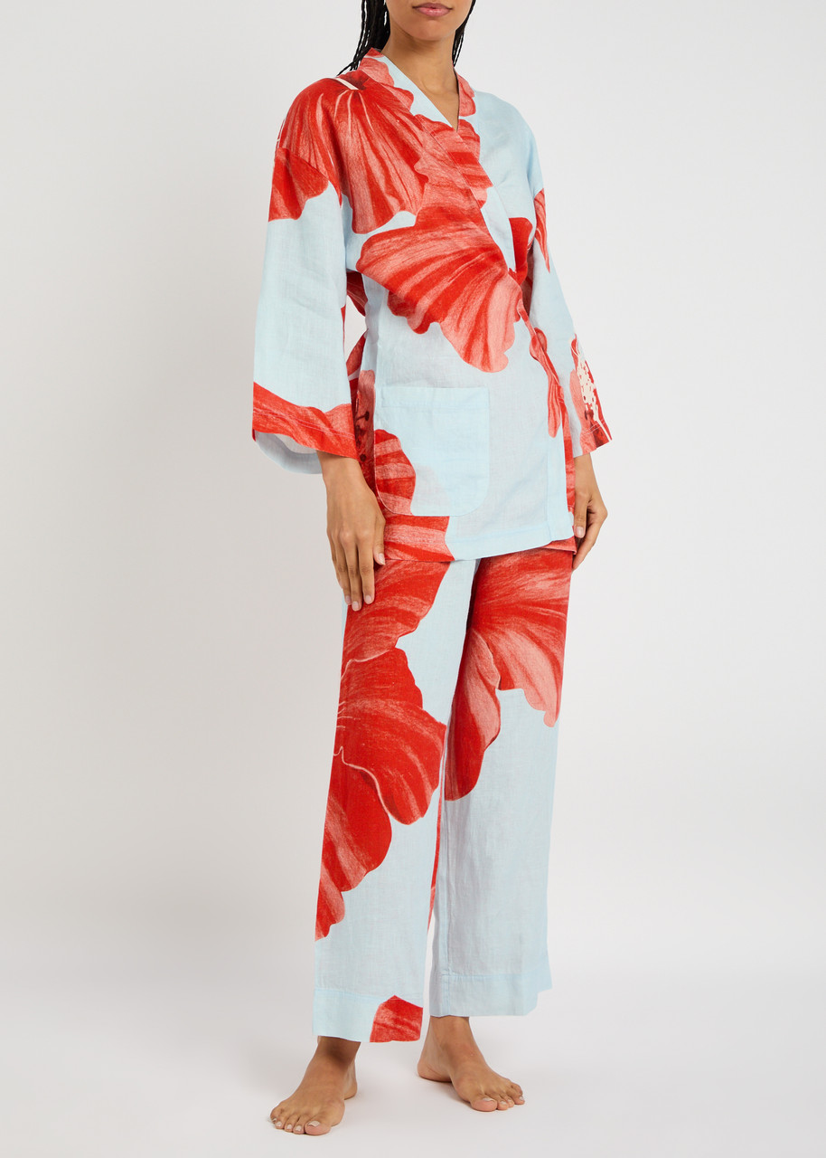 Desmond & Dempsey Grand Hibiscus Printed Linen Pyjama Set
