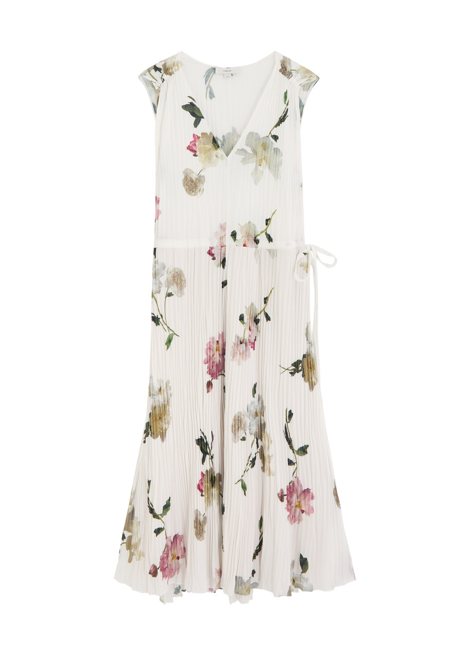 Vince Womens White Peony Floral Pleated Woven Midi Dress
