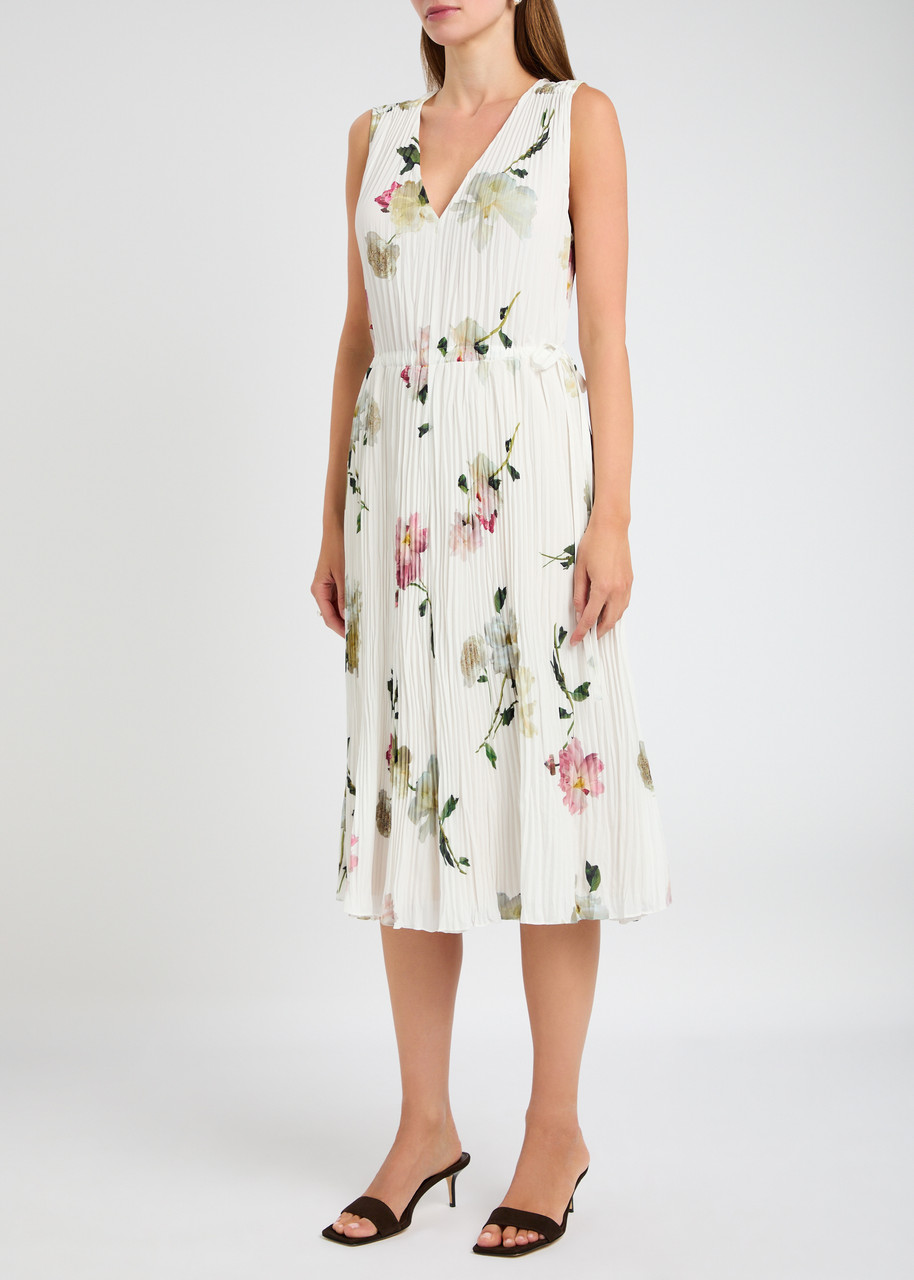 Vince Womens White Peony Floral Pleated Woven Midi Dress