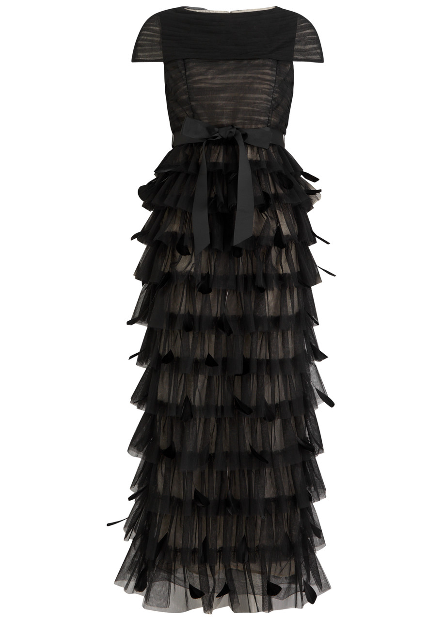 Huishan Zhang Michelle Feather-embellished Tulle Midi Dress