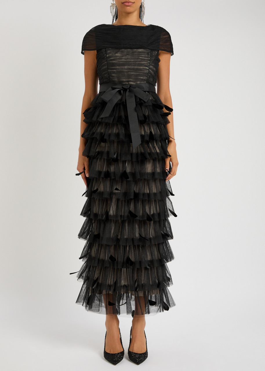 Huishan Zhang Michelle Feather-embellished Tulle Midi Dress