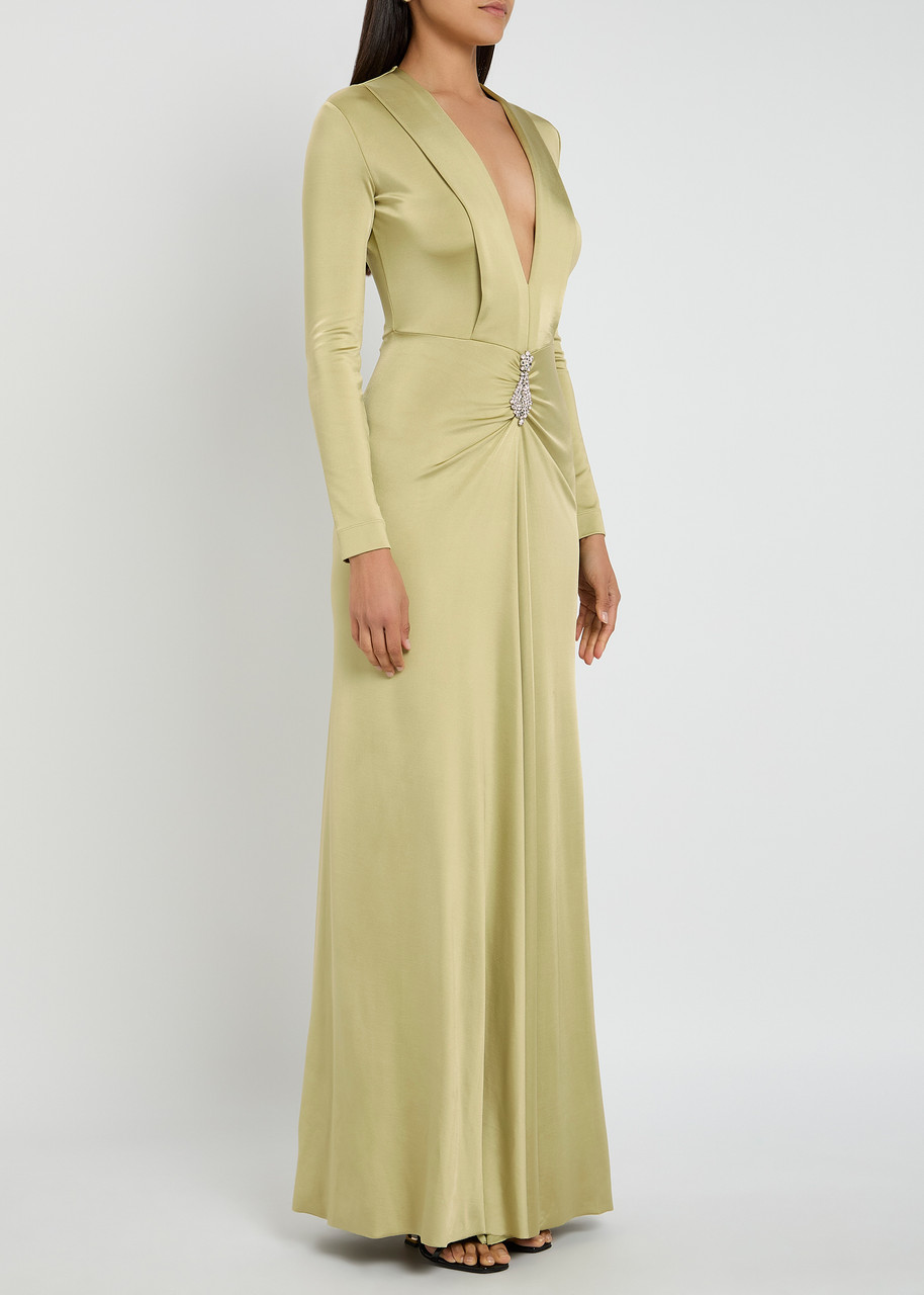 Victoria Beckham Womens Crystal-embellished V-neck Stretch-woven Maxi Dress Pistachio In Neutral