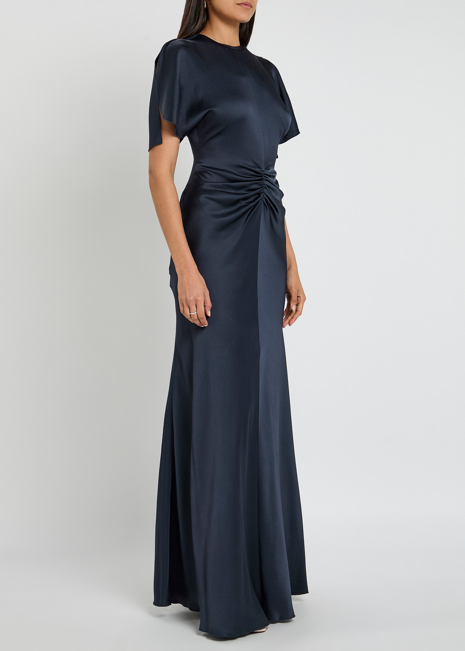 Victoria Beckham Navy Blue Long Dress With Gathered Waist