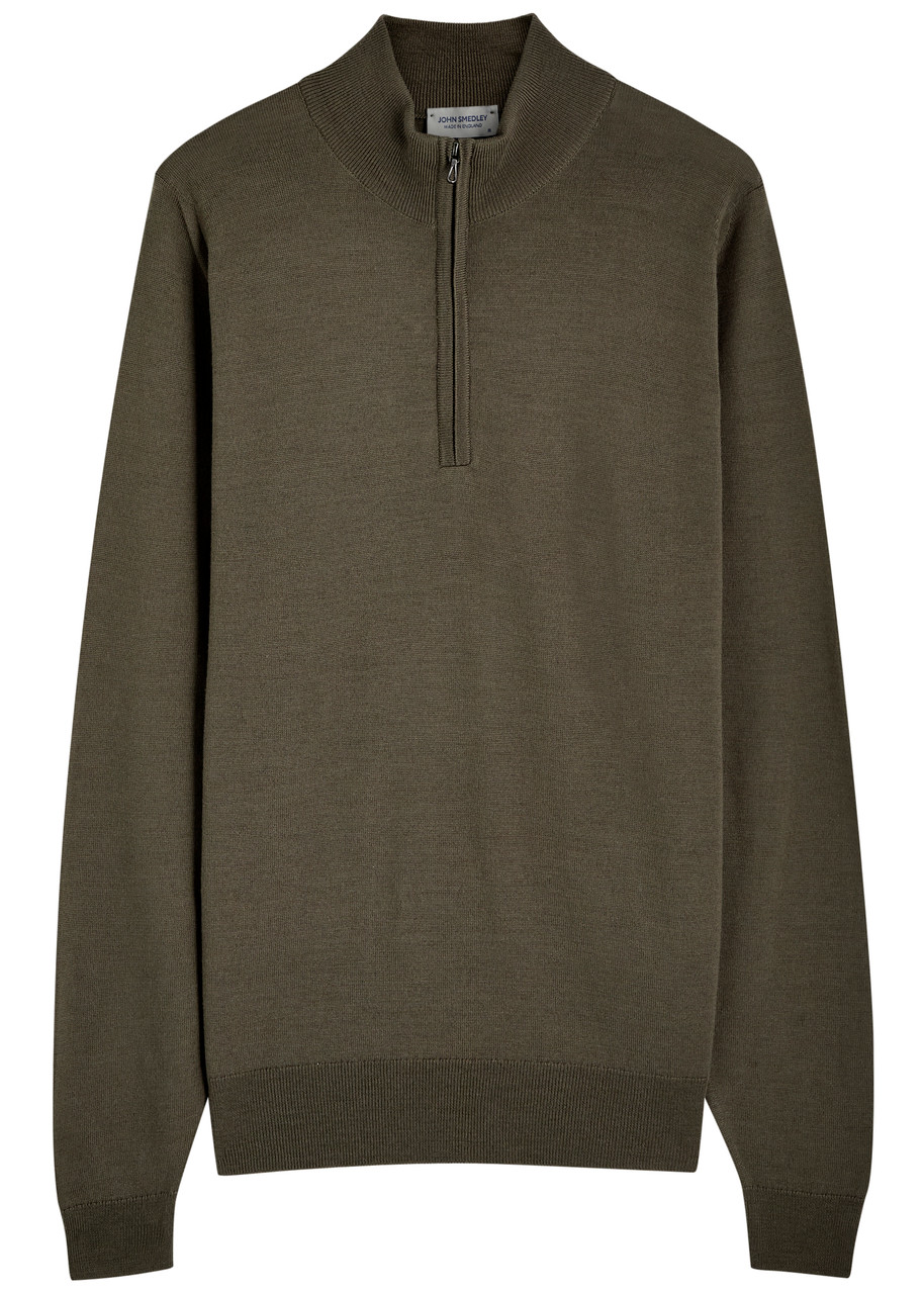 John Smedley Tapton Quarter-zip Wool Jumper - Khaki - XL