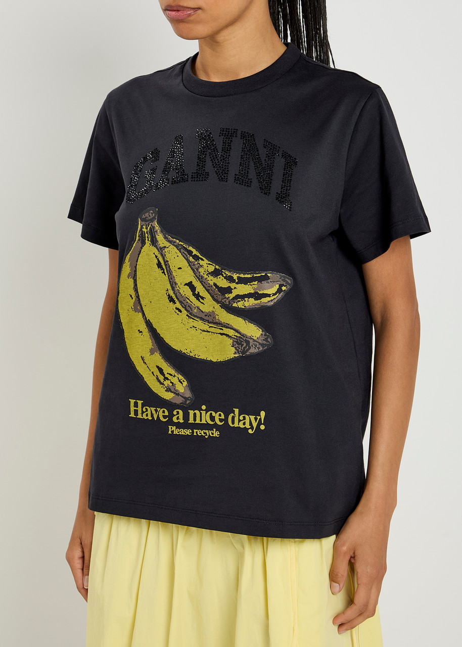 Ganni Crew-neck Cotton T-shirt With Banana Print In Gray