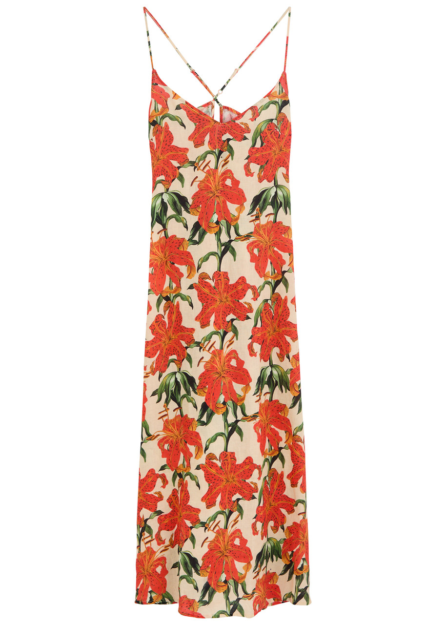 Desmond & Dempsey Floral-printed Linen Night Dress - Orange - L (UK14 / L)