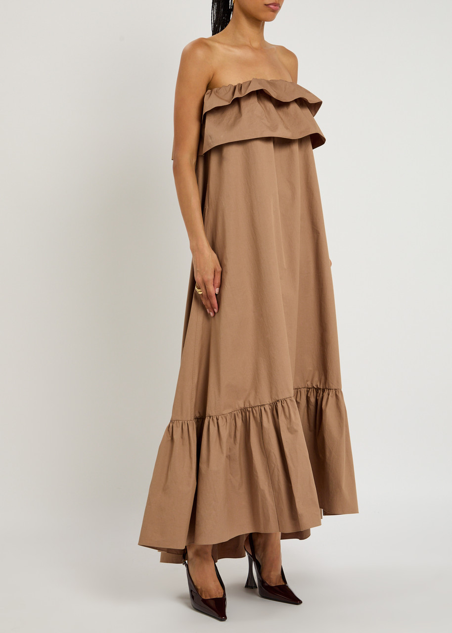 Saint Laurent Beige Long Dress With Bustier Neckline And Ruffled Skirt In Cotton Woman