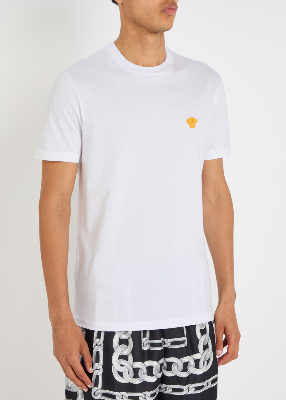Versace White Crewneck T-shirt With Medusa Embroidery On The Front In Cotton Man