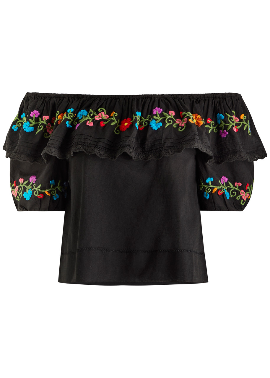 Rixo Lisette Floral-embroidered Cotton top - Black - 12 (UK12 / M)
