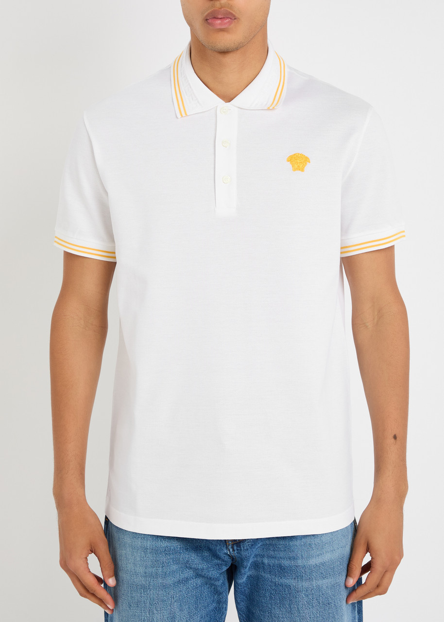 Versace White Polo Shirt With Classic Collar And Medusa Embroidery On The Front In White
