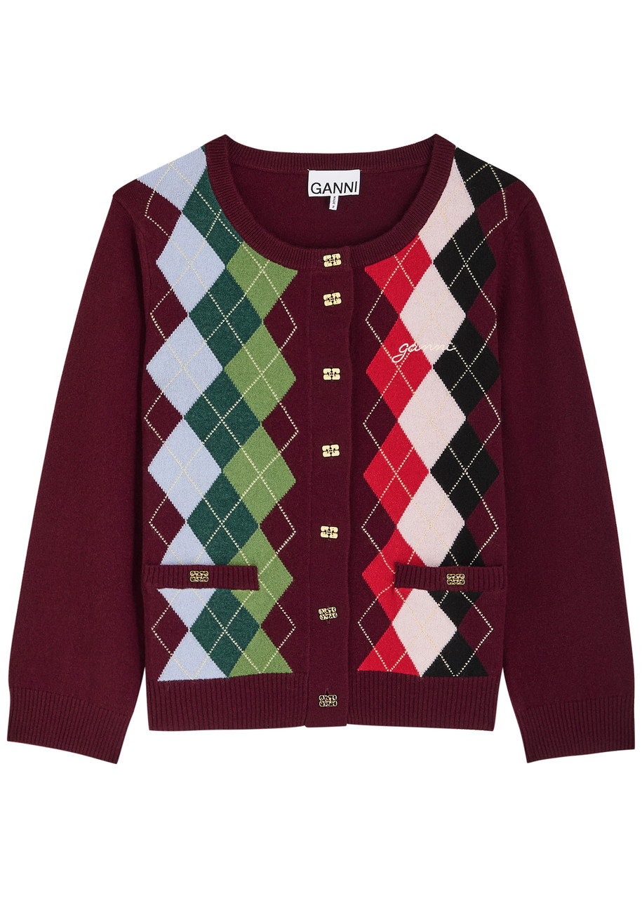 Ganni Womens Tawny Port Rhombus-print Round-neck Wool And Cashmere Cardigan Xl