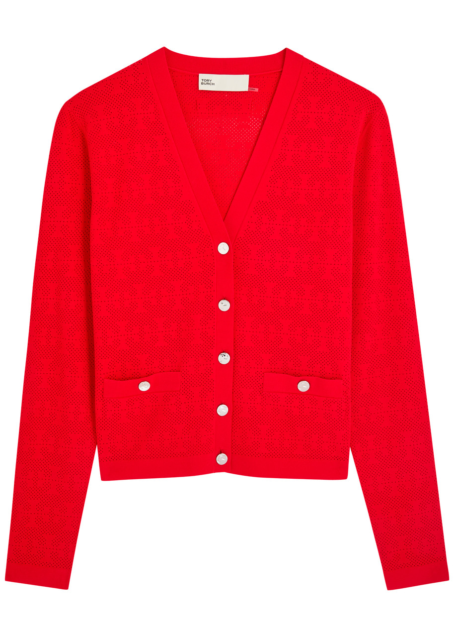 Tory Burch Logo-monogram Perforated Jersey Cardigan - Red - L (UK14 / L)