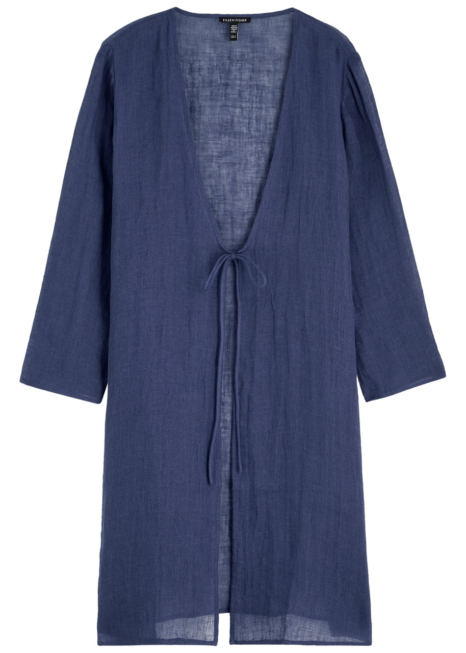 Eileen Fisher Tie Front Longline Organic Linen Jacket In Blue