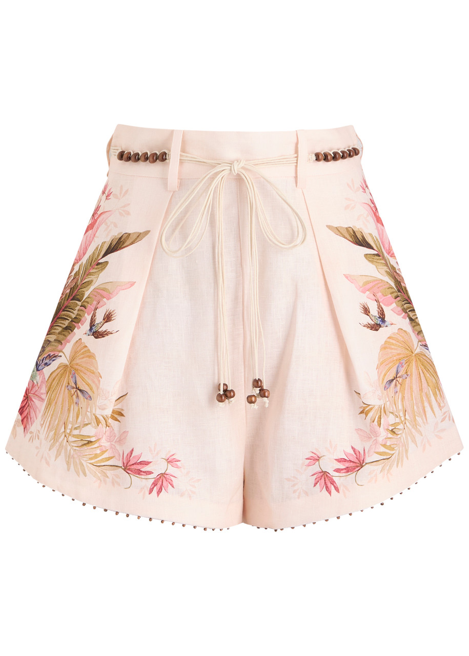 Zimmermann Ascension Belted Bead-embellished Floral-print Linen Shorts