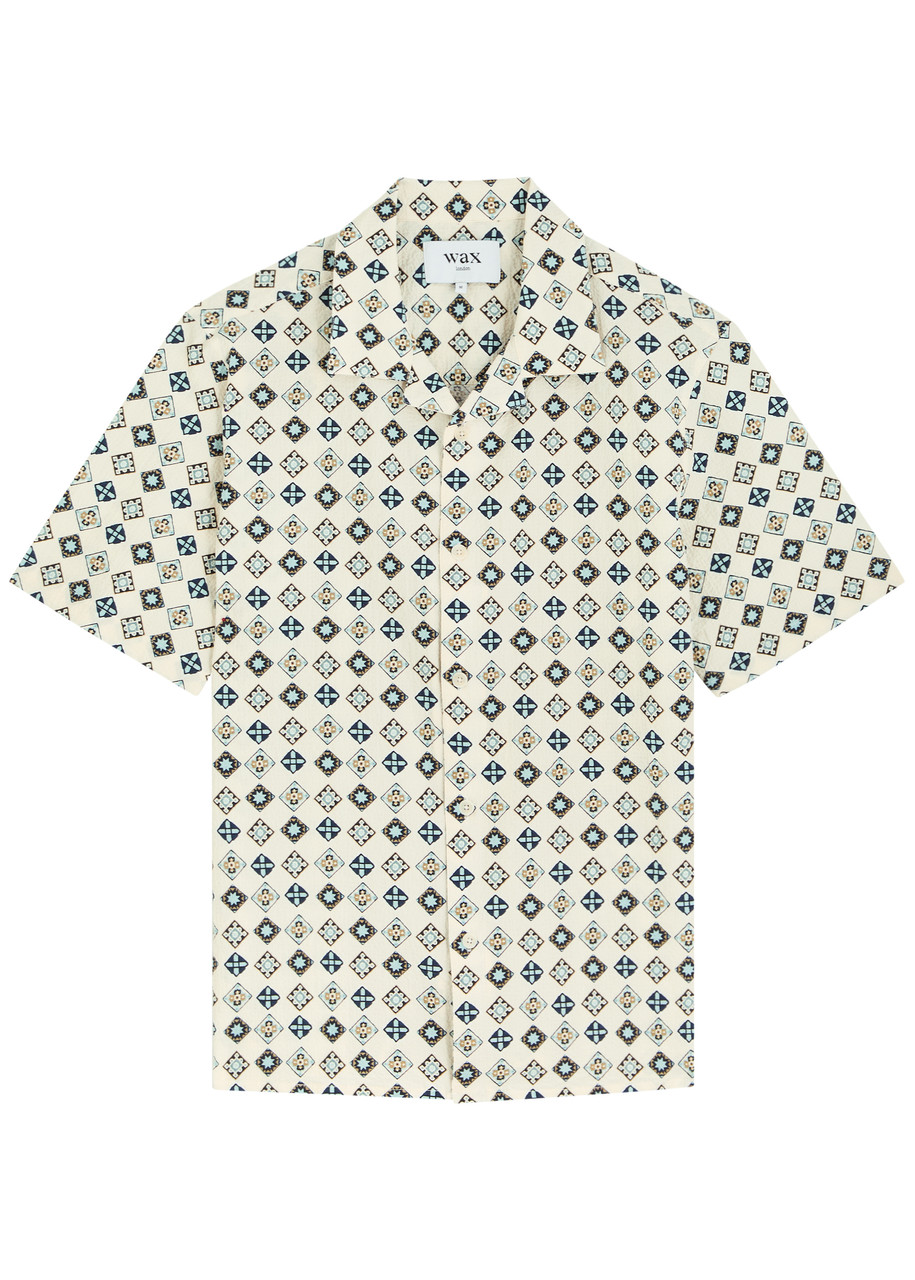 Wax London Didcot Geo Tile Print Stretch Seersucker Camp Shirt In White