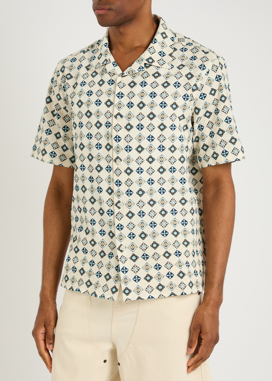 Wax London Didcot Geo Tile Print Stretch Seersucker Camp Shirt In White