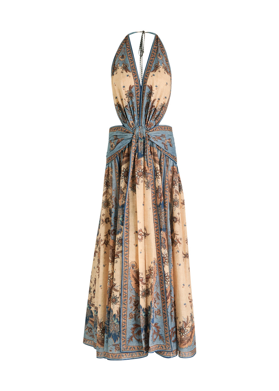 Zimmermann Ascension Plunge Halter Printed Cotton Maxi Dress - Multi Floral - 4 (UK 16 / XL)