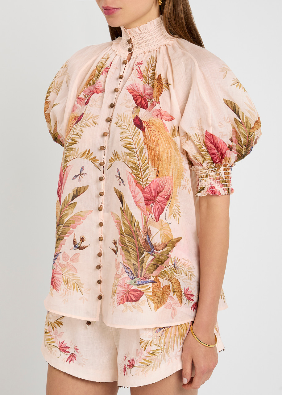 Zimmermann Ascension Embellished Shirred Floral-print Ramie Blouse In Multi