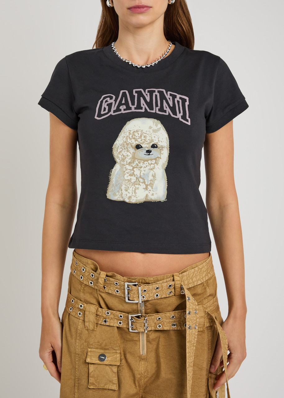Ganni Women Black T-shirt With Round Neck And Maxi Logo On The Front In Cotton Woman In Blue