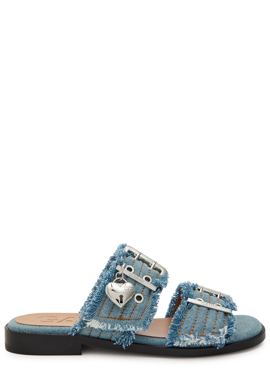 Ganni Feminine Buckle Ballerina Denim Sliders - 38 (IT38/ UK5)