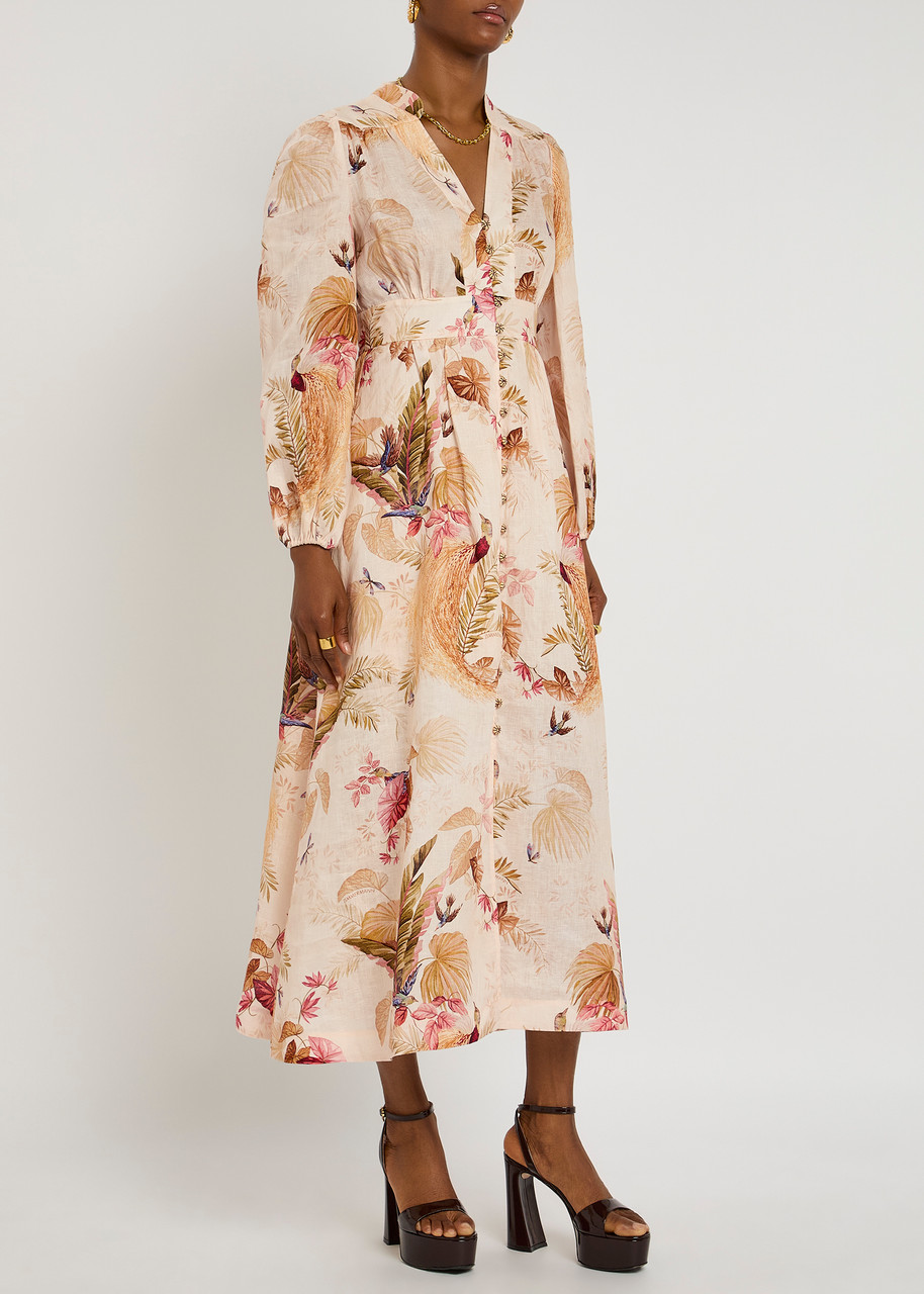 Zimmermann Womens Cream Palm Floral Ascension Plunge Linen Midi Dress In Neutral