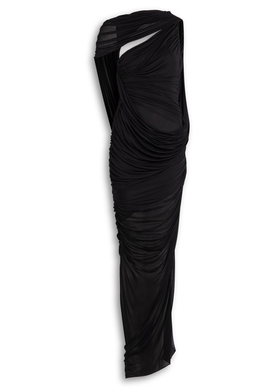 Mugler Draped Sheer Mesh Gown In Black