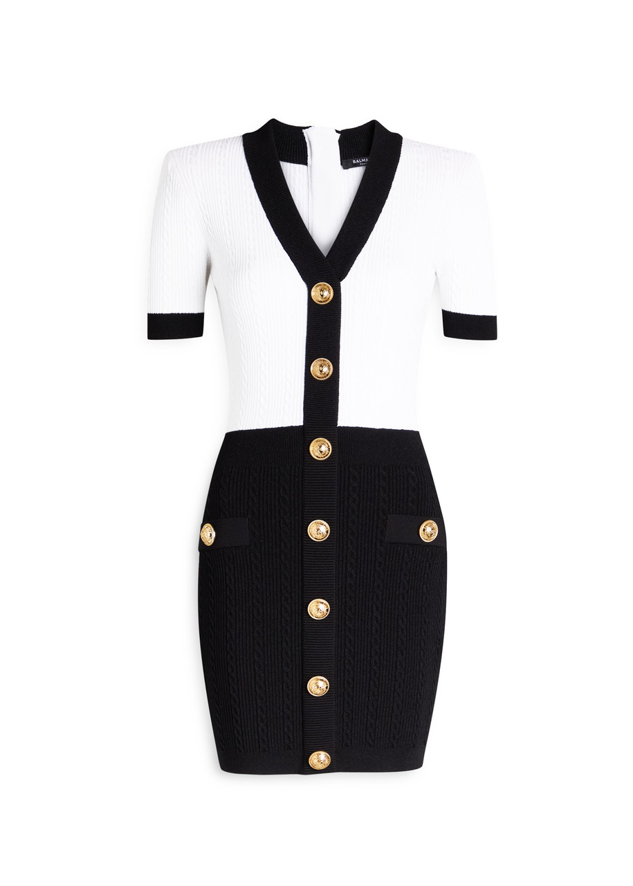 Balmain V-neck Buttoned Strong-shoulder Torsade Knit Mini Dress