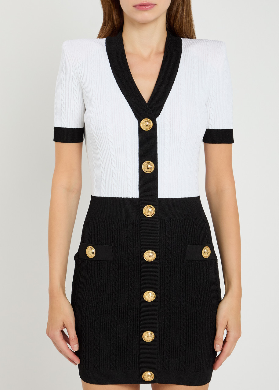 Balmain V-neck Buttoned Strong-shoulder Torsade Knit Mini Dress