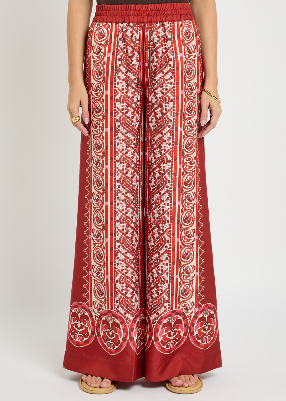 La Doublej Icon Palazzo Printed Silk-twill Wide-leg Pants In Red