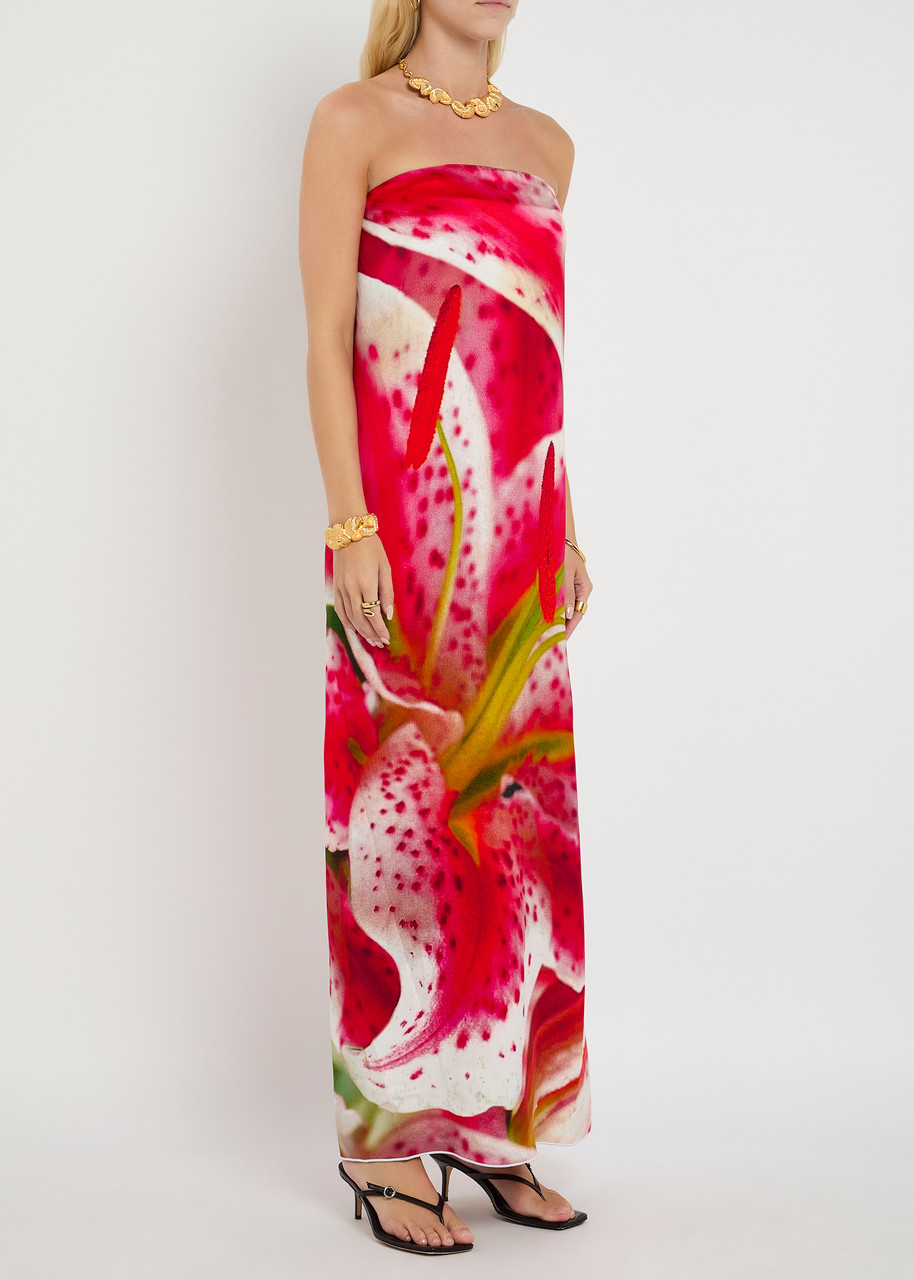 Tory Burch Pink Lily Print Strapless Maxi Dress
