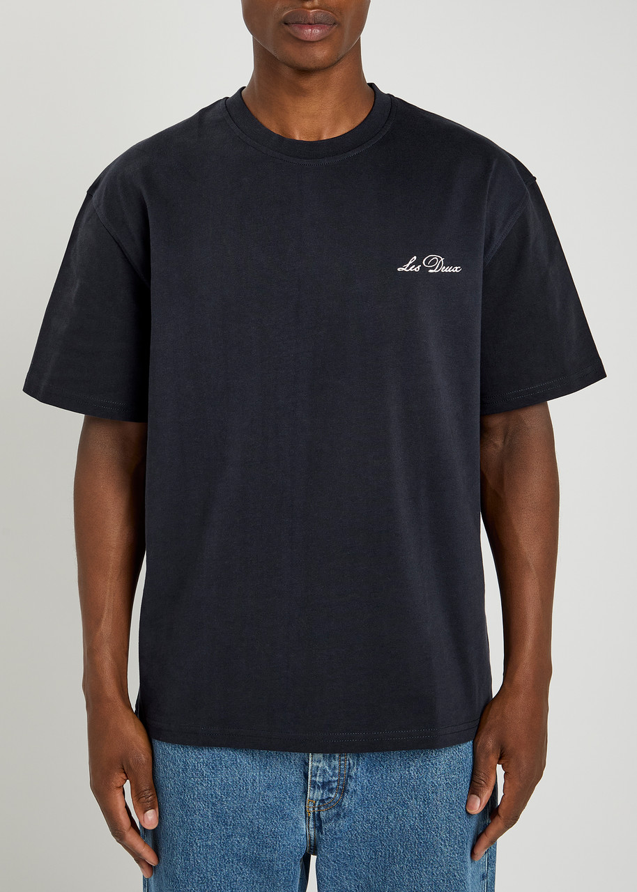 Les Deux Crew Logo-embroidered Cotton T-shirt In Black