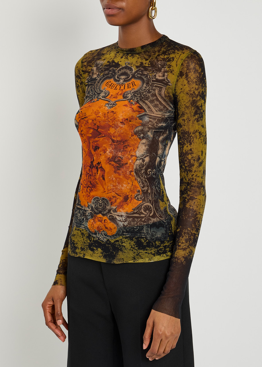 Jean Paul Gaultier Women Medaillon Print Mesh Long Sleeves Top