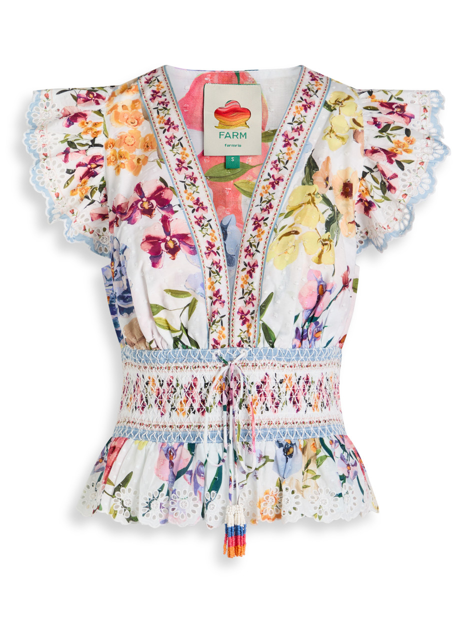 Farm Rio Greek Garden Floral-printed Cotton Blouse - White - XL (UK16 / XL)