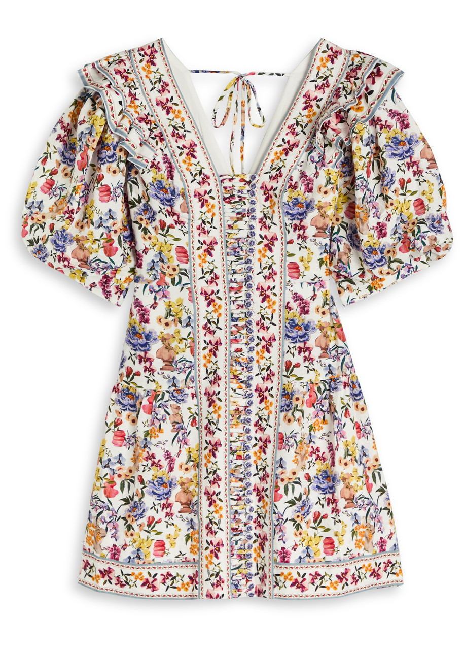 Farm Rio Greek Garden Linen Blend Short-sleeve V-neck Mini Dress