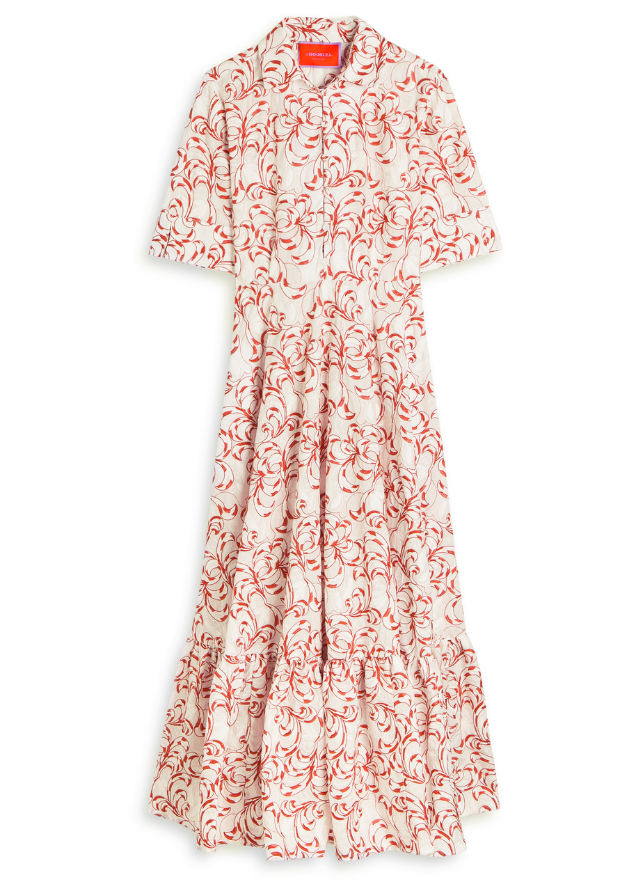 La Doublej San Pietro Tiered Embroidered Voile Maxi Shirt Dress