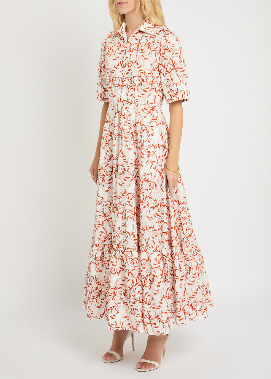La Doublej San Pietro Tiered Embroidered Voile Maxi Shirt Dress