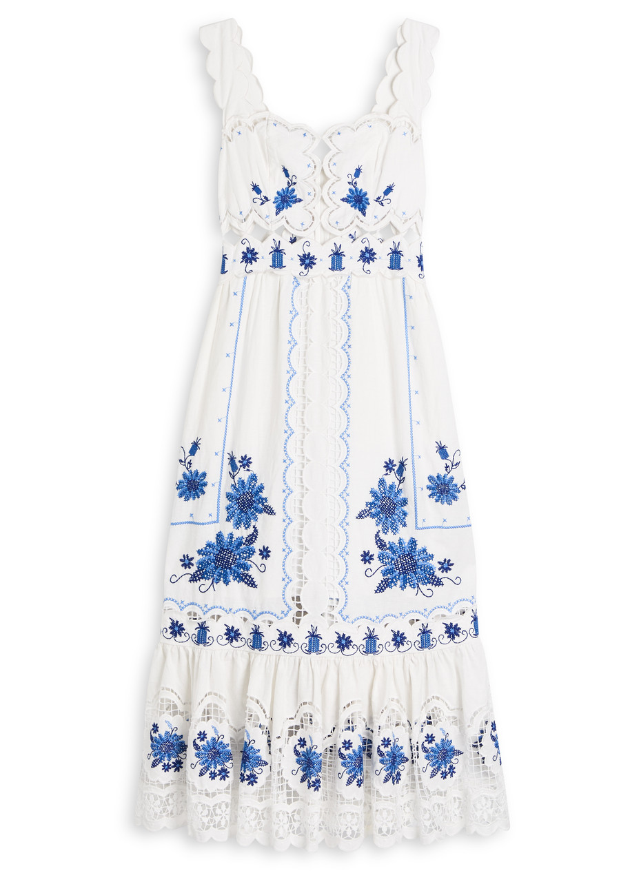 Farm Rio Floral-embroidered Linen-blend Midi Dress - Black And White