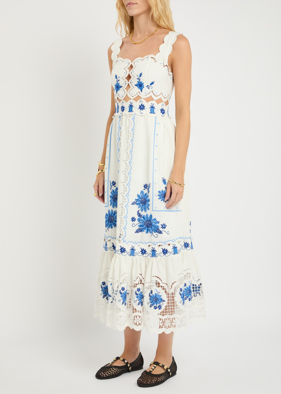 Farm Rio Richilieu Embroidered Linen Blend Midi Sundress In White