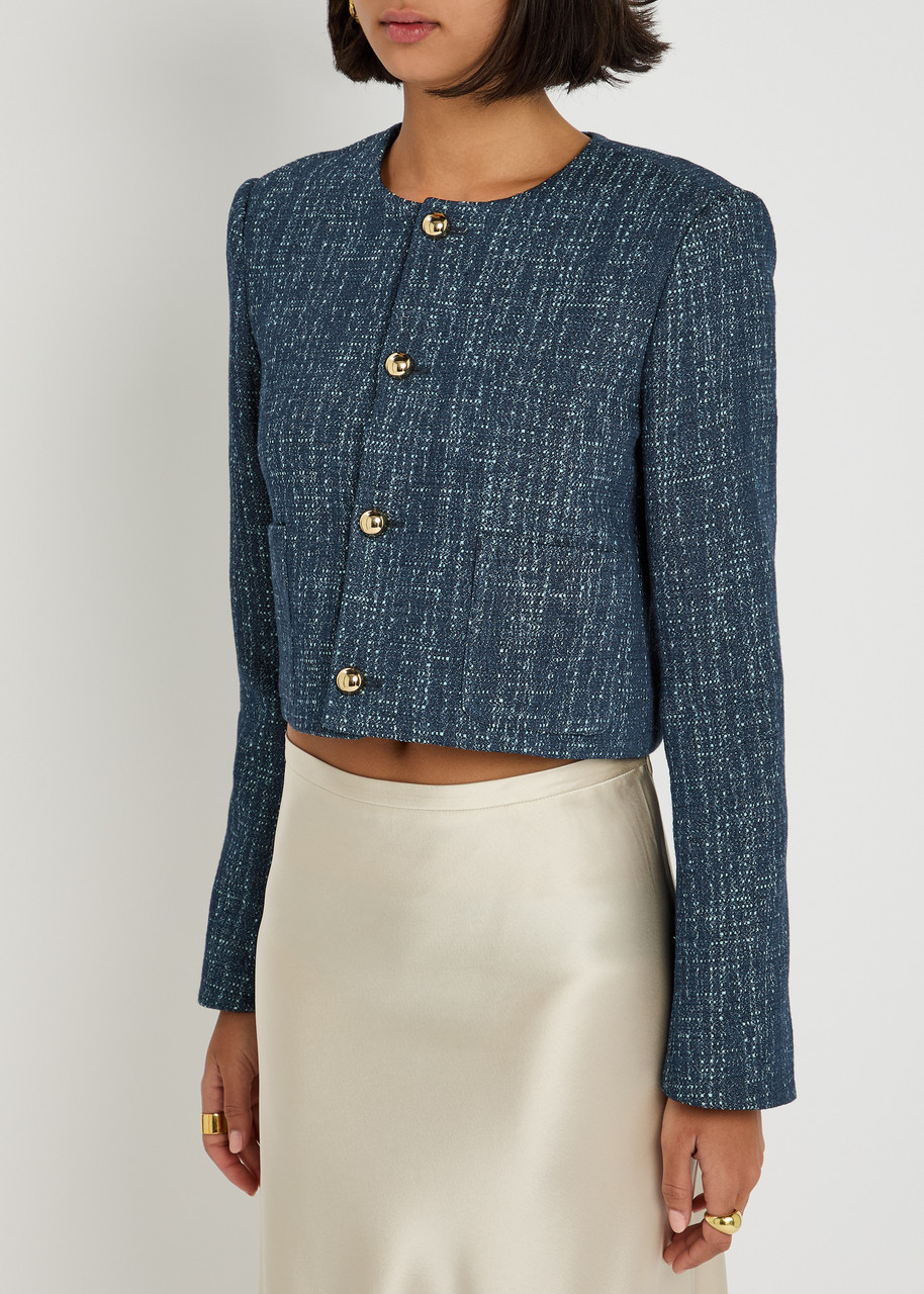 Frame Womens Indigo Boxy-fit Round-neck Cotton-tweed Jacket Xl In Blue