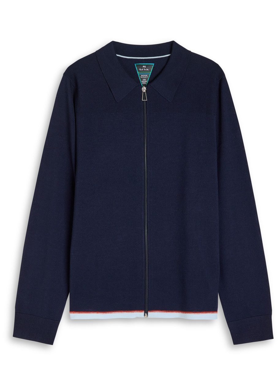 Ps By Paul Smith S By Paul Smith Mens Very Dark Navy Collared Textured-panel Wool-knit Cardigan In Animal Print
