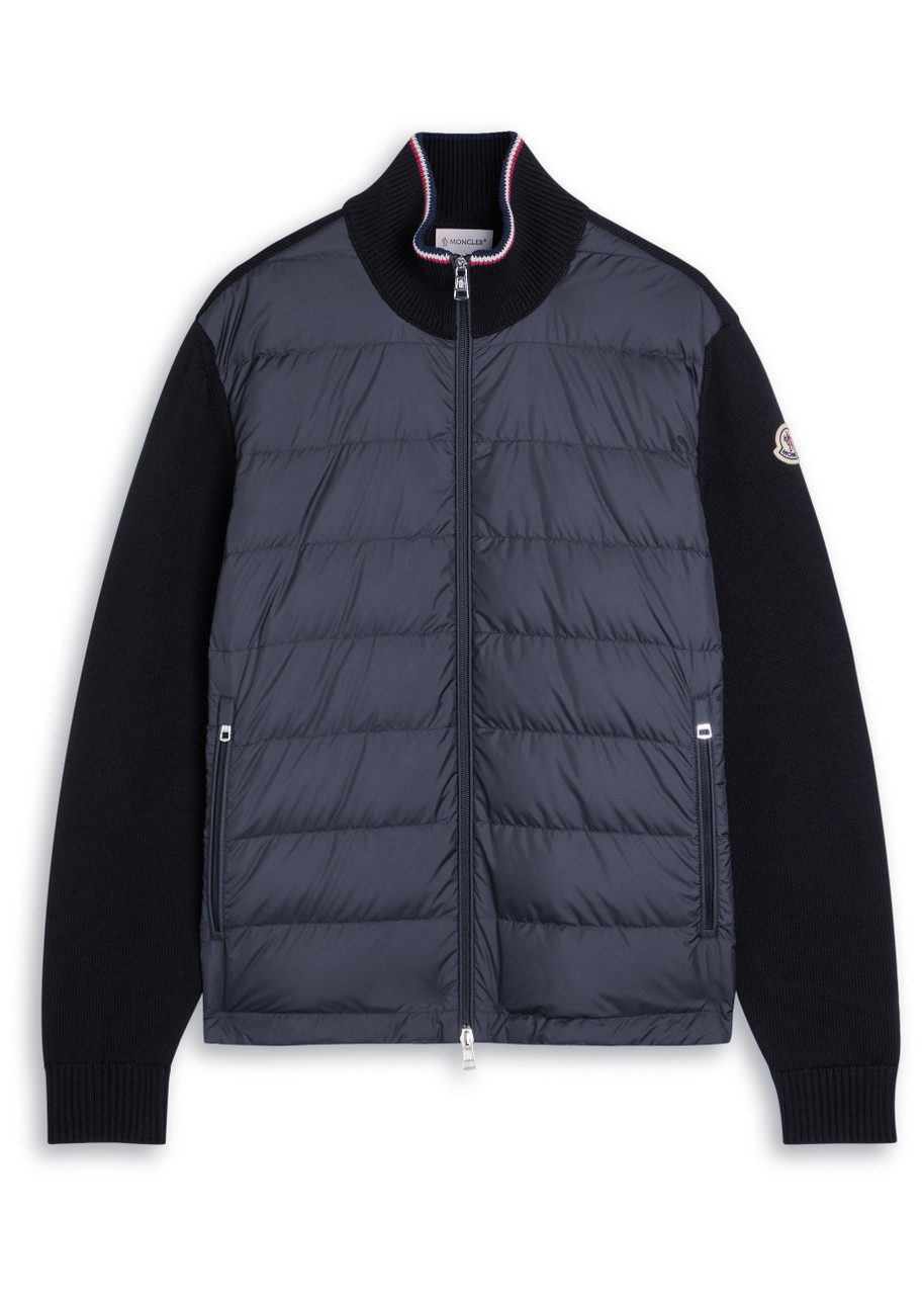 Moncler Slim-fit Panelled Wool-blend And Quilted Shell Down Zip-up Cardigan In Blue