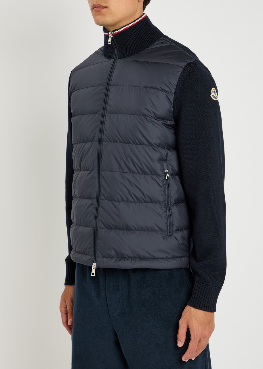 Moncler Slim-fit Panelled Wool-blend And Quilted Shell Down Zip-up Cardigan In Blue